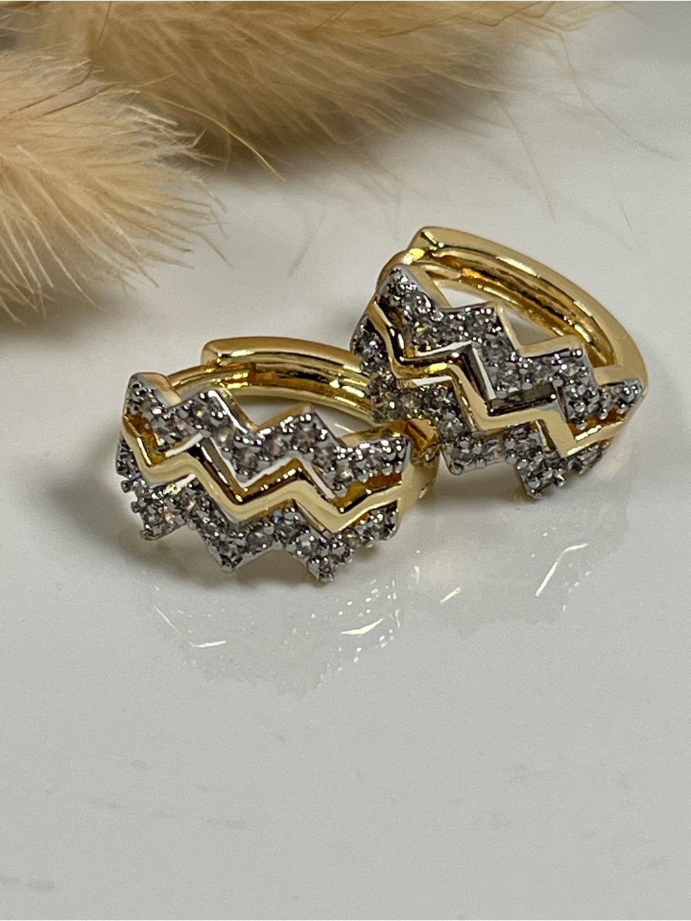 14K Gold Overlay Chevron Design Cubic Zirconia Huggie Earrings